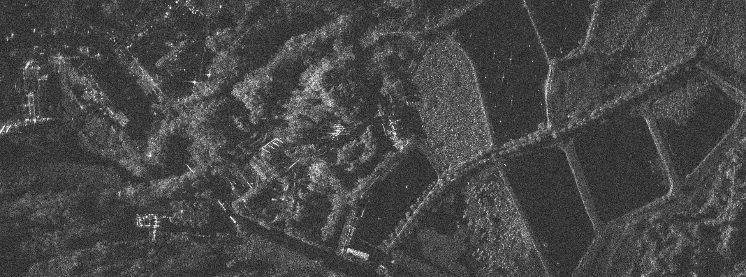 SAR 雷达成像效果图：植被、建成区与农田水系混合地表的高分辨率雷达影像